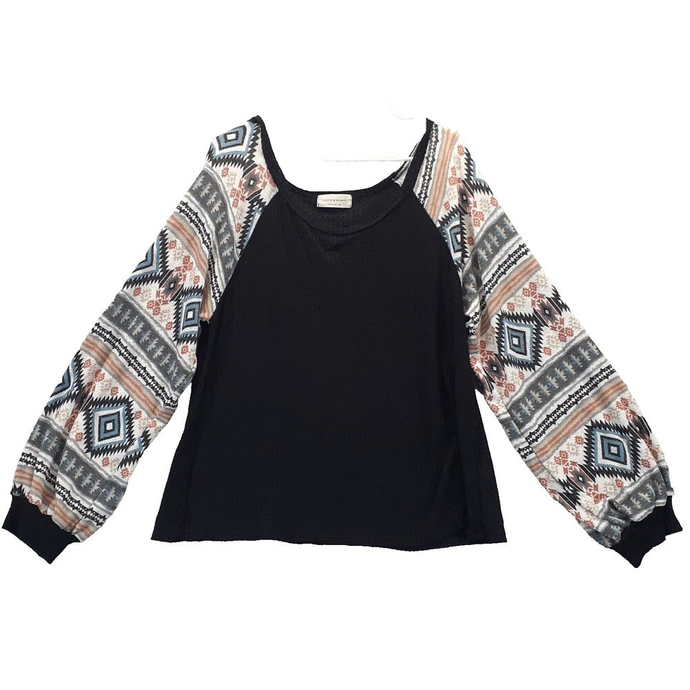 Saints & Hearts Womens Sz M Black Aztec Balloon Sleeve Pullover Knit Top Blouse